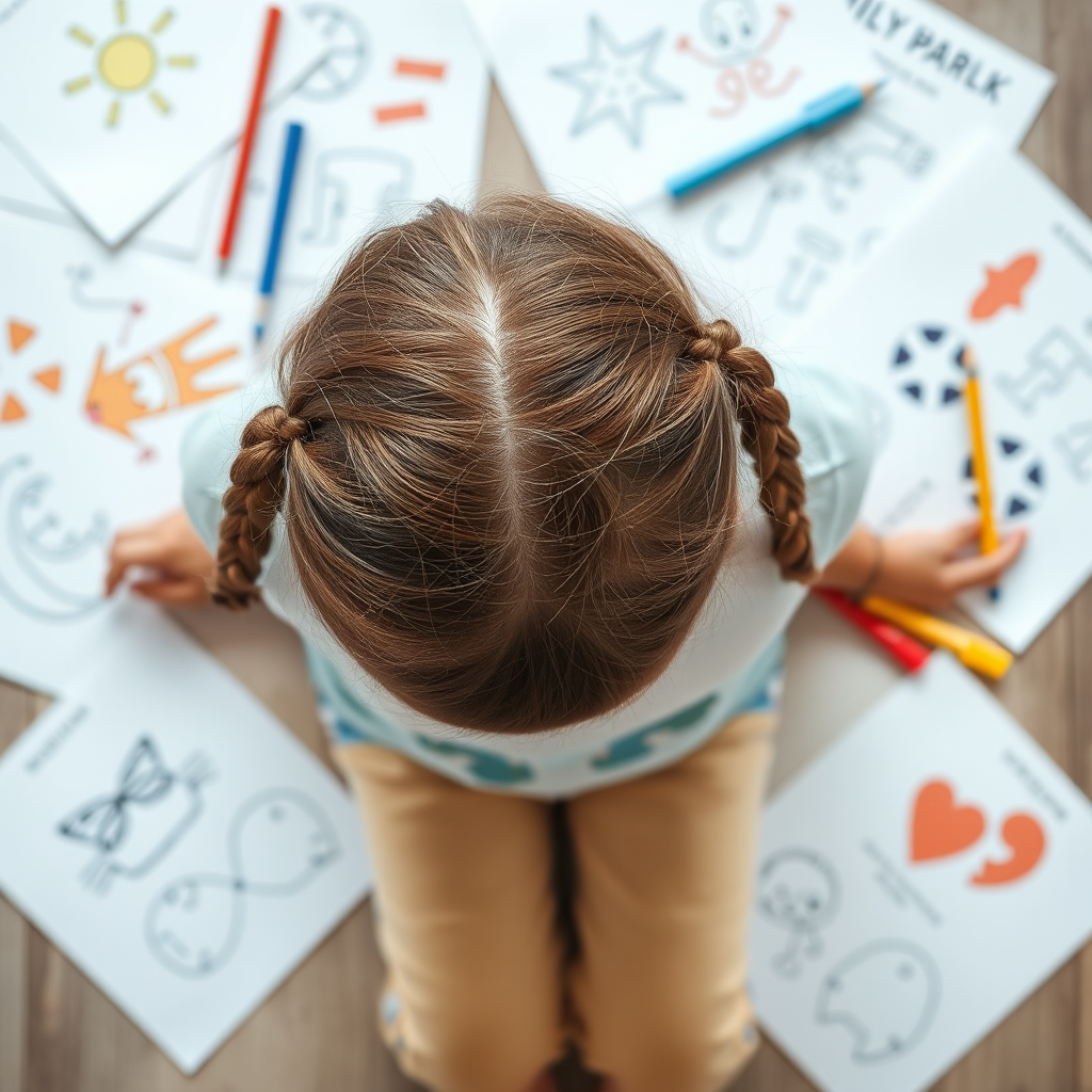 A top-down view of a child with brown hair in two braids, focused on drawing with papers scattered around showing various playful illustrations, soft daylight lighting, DSLR camera, f/2.8 aperture, ISO 200, 24mm lens, high resolution for clarity.