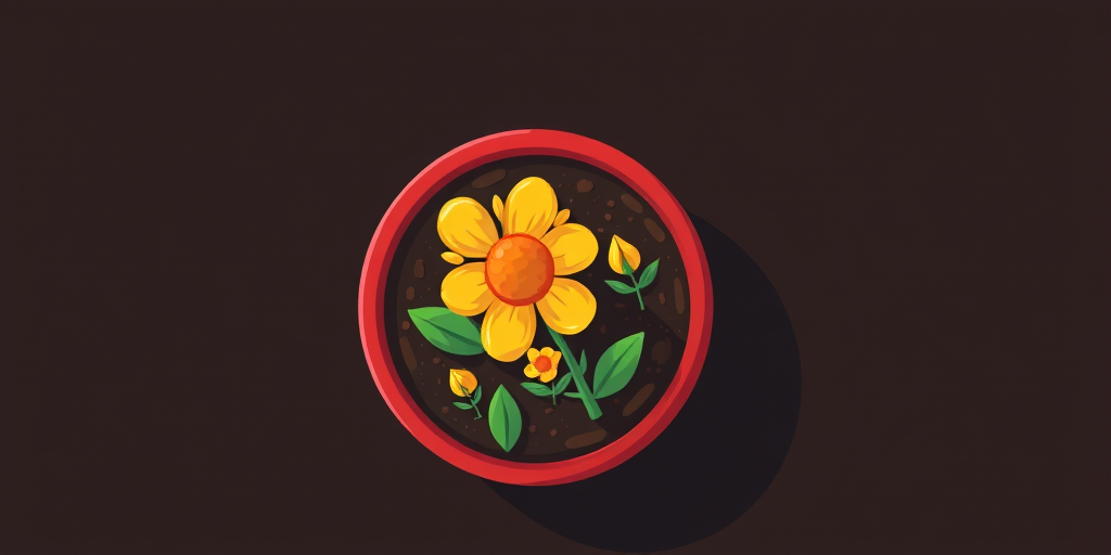 Create a vibrant illustration of a red flower pot with a yellow flower design, filled with rich soil and small yellow flowers sprouting, include a dark background for contrast, use a digital drawing style, set to high resolution 300 DPI, simulate a top-down view with soft lighting for added depth.