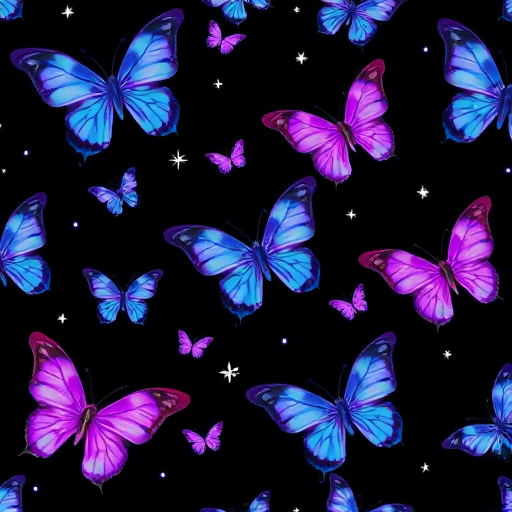 Generate a vibrant pattern featuring various butterflies in shades of purple and blue against a black background. Include glowing accents to create a magical atmosphere, with the butterflies in different sizes and orientations for a dynamic look. Add subtle twinkling stars to enhance the whimsy of the scene.