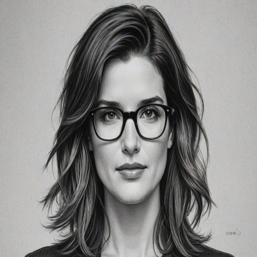 Gorgeous Cobie Smulders, pencil sketch, portrait of Charming woman 1968s in glasses, hair style beatnik, outline, clear lines, fine lines, 8k