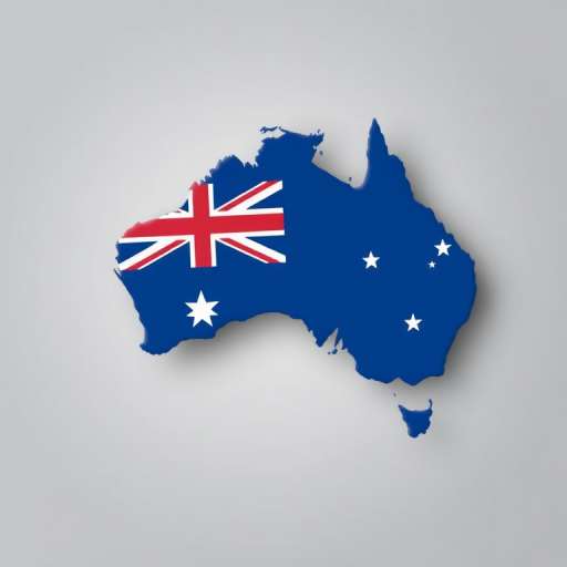 Create a high-resolution vector illustration of the map of Australia featuring the Australian flag on the left side, with a soft gray gradient background, captured with a DSLR camera using a 50mm lens, aperture f/8, ISO 100, and natural soft lighting to enhance detail and clarity.