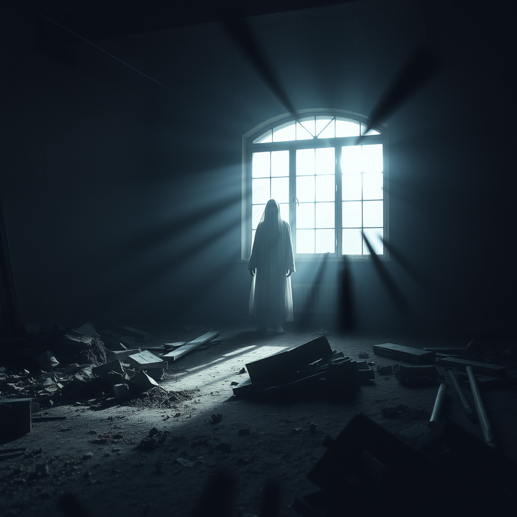 A dark, eerie room with scattered debris, a ghostly silhouette in front of a bright window, dramatic shadows and light rays filtering through dust, captured with a Canon EOS R5, 24mm lens, f/1.8, ISO 100, 1/60s, low angle view, cinematic style.