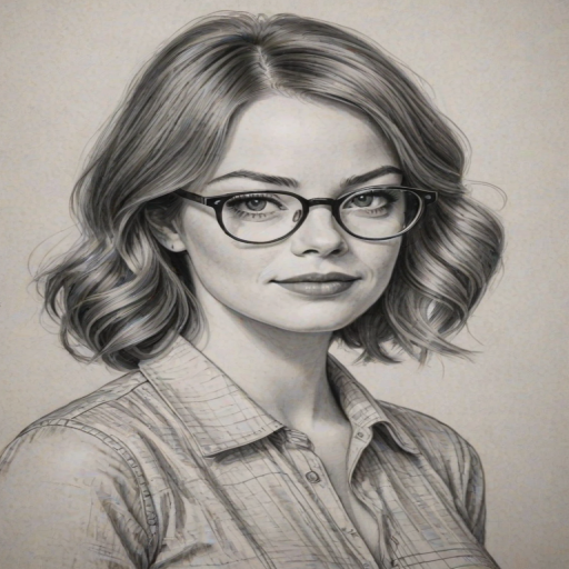 Wonderful Emma Stone, pencil sketch, portrait of Dazzling woman 1956s in glasses, hair style beatnik, outline, clear lines, fine lines, 8k