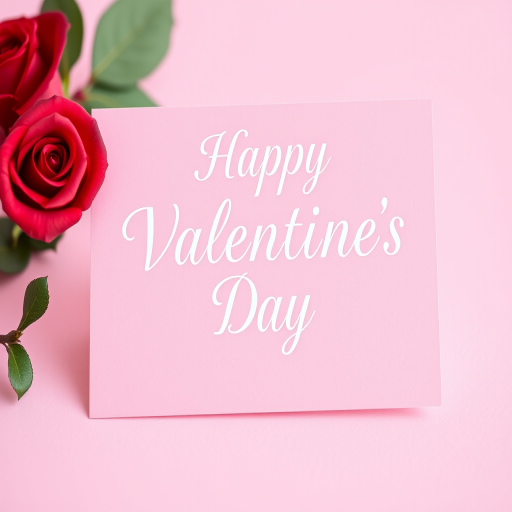 Create a high-quality image of a Valentine's Day card with a pink background, featuring the text "Happy Valentine's Day" in elegant white cursive font, accompanied by a single red rose on the left, shot with a DSLR camera at f/2.8 aperture, ISO 100, 50mm lens, natural lighting, and a shallow depth of field for a soft background blur.