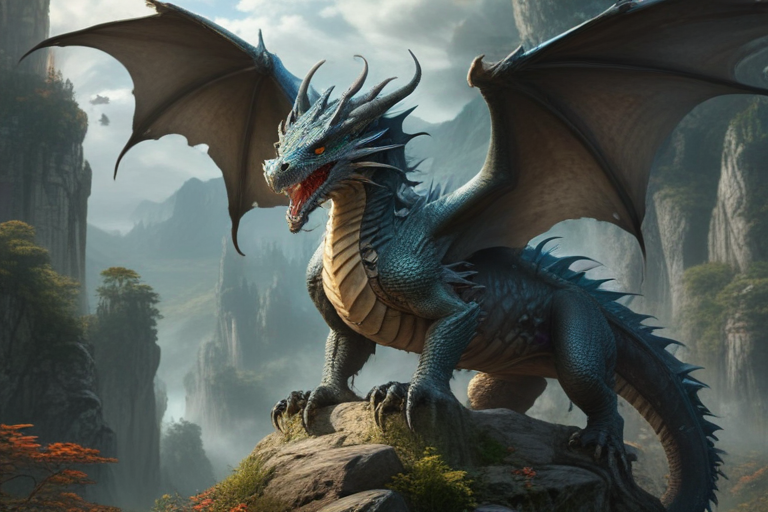 Majestic Blue Dragon Perched on a Rocky Cliff Overlooking a Misty Valley