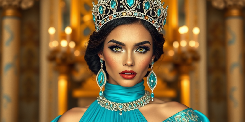 A gorgeous Coptic woman in a luxurious cyan gown, accessorized with a dazzling tiara and statement earrings, her deep Yellow eyes highlighted by impeccable makeup, poised in a royal setting, photorealistic, 8K quality