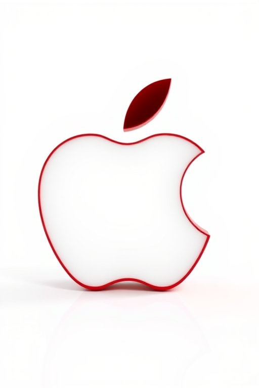 Create a highly detailed 3D rendering of a stylized apple logo with a bite taken out, set against a clean white background, using a Canon EOS R5 camera with a 50mm f/1.2 lens, aperture set to f/2.8, ISO 100, and a soft box lighting setup to enhance reflections and shadows for depth.