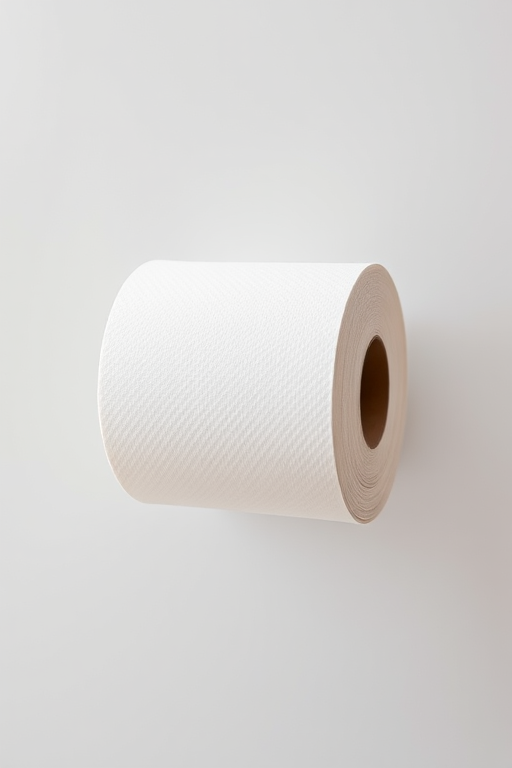 A close-up shot of a roll of toilet paper against a plain background, with soft natural lighting, using a DSLR camera at f/4 aperture, ISO 100, shutter speed 1/125s, taken from a frontal view to emphasize texture and details.