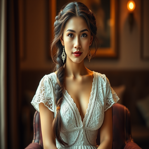 Create a portrait of a refined and elegant Mongolian woman seated in a sophisticated setting. She has long, wavy hair styled in two thick braids that are pulled over her shoulders. She wears a white, lace gown with intricate patterns, featuring a deep V-neckline and short sleeves. The dress exudes a vintage charm with its delicate lacework. She is adorned with ornate, dangling earrings that add a touch of glamour to her appearance. The background is softly lit, with warm, ambient lighting that creates a cozy and inviting atmosphere. Her expression is poised and serene, capturing a sense of grace and elegance.