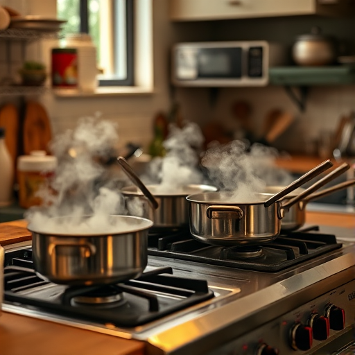 Capture a high-resolution image of a bustling kitchen scene with steaming pans on a gas stove, using a Canon EOS R5, 50mm lens, aperture f/1.8, ISO 200, and a warm, natural lighting setup.