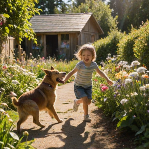 Low-resolution photo of a child playing with a dog in a sun-dappled garden, both mid-chase, joy visible on the child's face, a burst of laughter frozen in time, flowers blooming along the garden's edge, a small wooden shed in the background, warm sunlight casting long shadows.