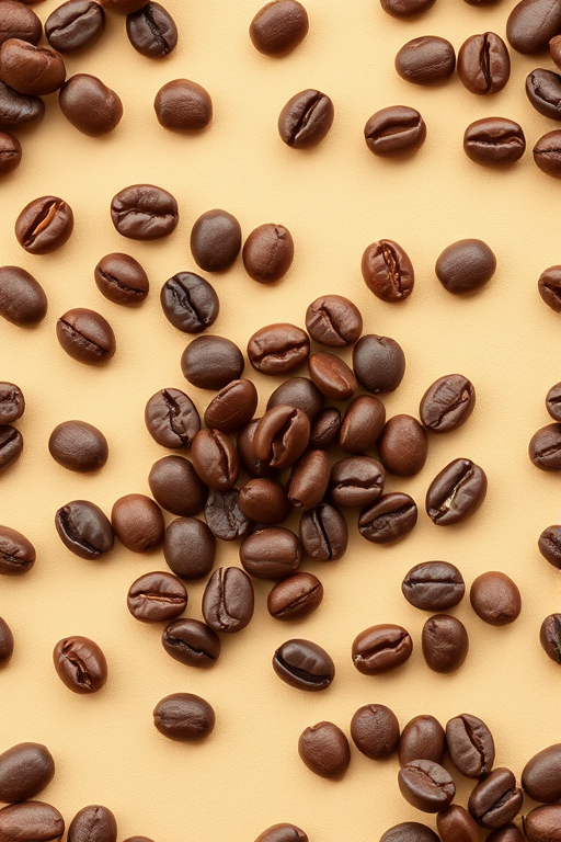 high-resolution seamless coffee bean pattern on a warm beige background, macro lens, f/8 aperture, 50mm focal length, natural lighting, studio quality