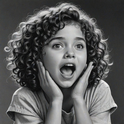 The image is a black and white illustration of a young girl with curly hair. She has a surprised expression on her face with her mouth open and her hands clasped together in front of her chest. Her eyes are wide and her eyebrows are furrowed. Her hair is styled in loose curls that are cascading down her back. The overall mood of the image is one of shock or surprise.