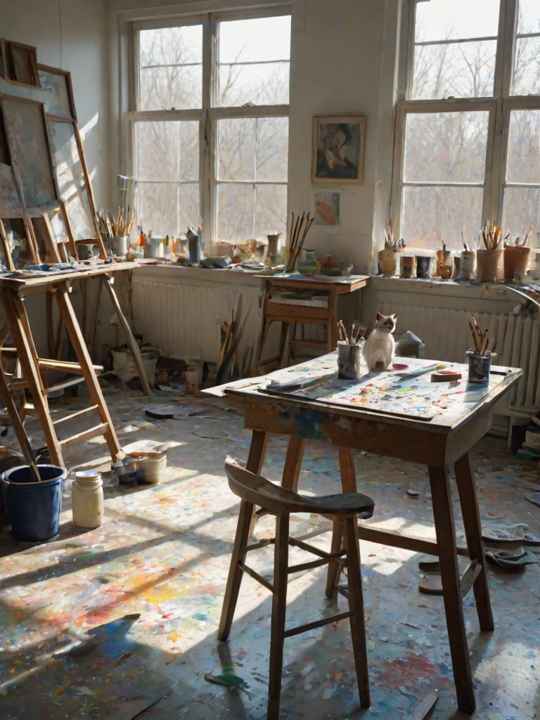 Clear, high-resolution image of an artist's studio, paint-splattered floor and easels with unfinished canvases, bright morning light streaming in through large windows, jars of paintbrushes on a cluttered table, a cat curled up on a worn-out chair, the artist standing in the background, contemplating their work.