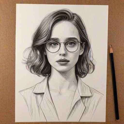 Superb Maya Hawke, pencil sketch, portrait of Magnificent woman 1931s in glasses, hair style beatnik, outline, clear lines, fine lines, 8k