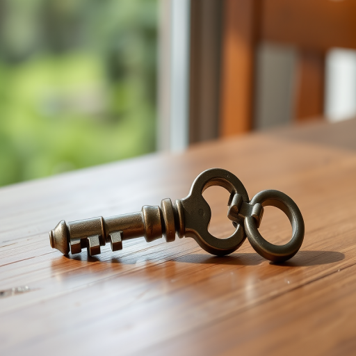 Create a high-resolution image of a vintage skeleton key on a wooden table, using a DSLR camera with a 50mm lens, aperture set to f/2.8, shutter speed 1/60 sec, ISO 100, in natural light with a shallow depth of field to emphasize the key's details.