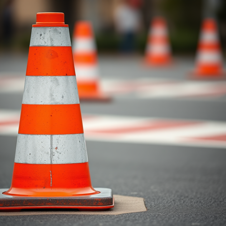 Create a high-resolution image of a traffic cone with vibrant orange and white stripes, using a Canon EOS R5 camera, 50mm lens, f/1.8 aperture, ISO 100, taken from a slightly low angle with a shallow depth of field to enhance the background blur and focus on the cone.