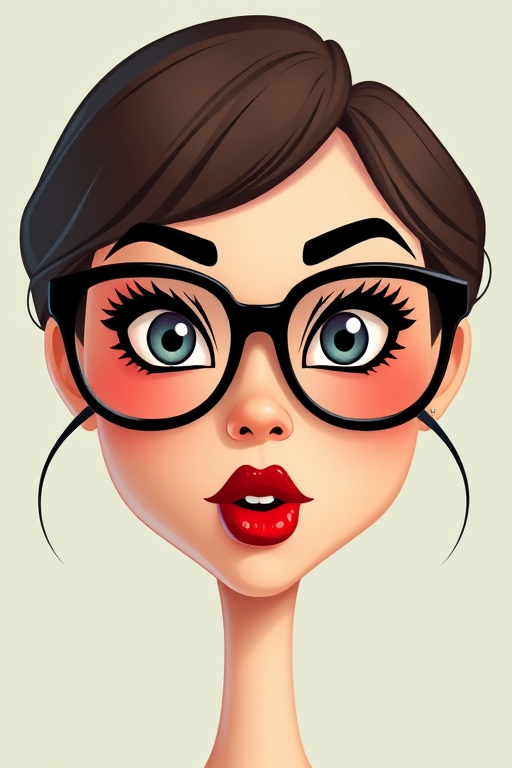 Create a high-resolution cartoon image of stylized female facial features with exaggerated glasses and glossy red lips, using a 50mm lens at f/2.8 aperture, shot from a frontal view with soft diffused lighting, and set on a DSLR camera.