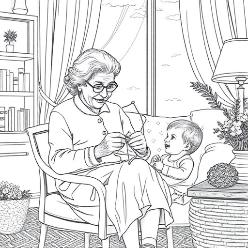 Create a detailed black and white line drawing of a grandmother knitting in a cozy living room with a small child sitting beside her, using a soft focus lens, ISO 100, f/4 aperture, 50mm lens, and natural daylight to enhance the image quality.