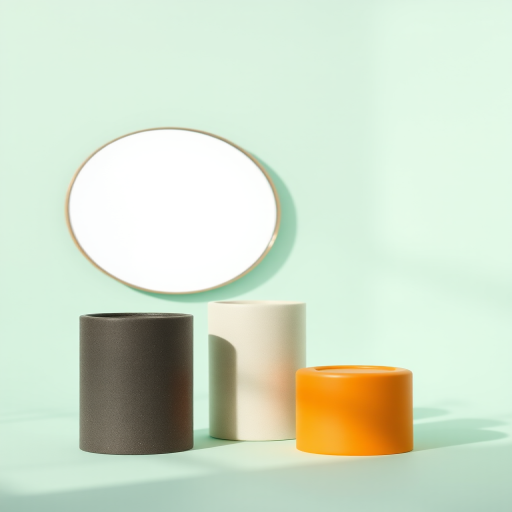 minimalistic composition of three cylindrical objects and a round mirror against a soft mint green background, shot with a Canon EOS R5, aperture f/2.8, ISO 100, 50mm lens, natural soft lighting, focus on the textures and colors, shallow depth of field