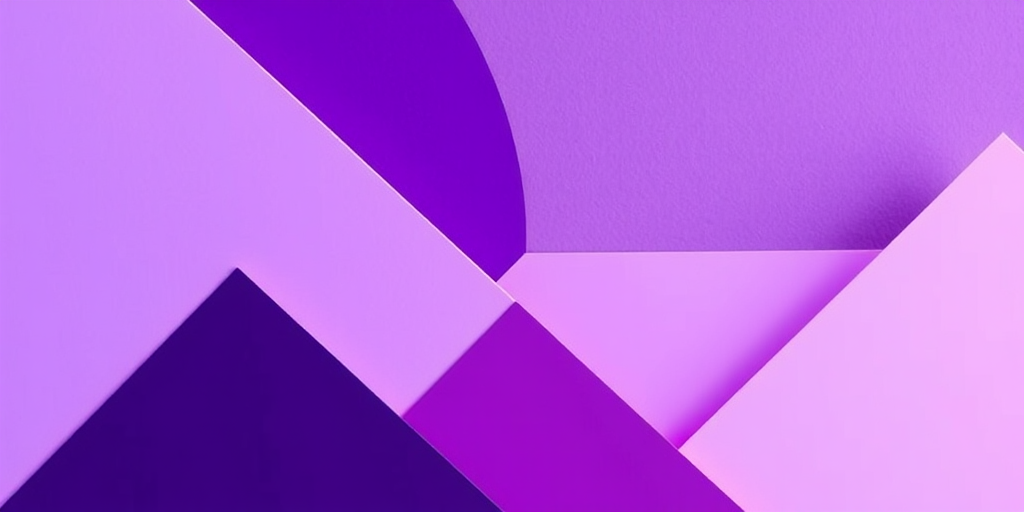 Create an abstract composition featuring varying shades of purple with sharp geometric shapes and smooth gradients, captured with a DSLR camera at 50mm focal length, f/1.8 aperture, ISO 100, natural light, and a slight overhead angle to enhance depth and texture.