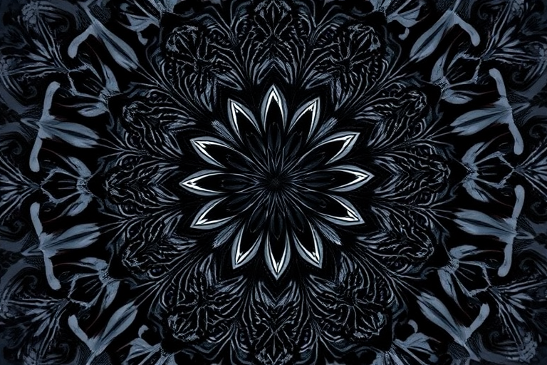 Create a highly detailed black floral mandala pattern with intricate designs, focus on symmetry, use a Canon EOS R5 with a 50mm lens, aperture at f/8, ISO 100, shoot from a top-down view with natural soft lighting to enhance the texture and clarity.