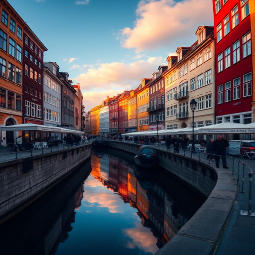 Street view of Nyhavn with colorful buildings reflecting on the water, golden hour lighting, high resolution, aperture f/8, ISO 100, shutter speed 1/200s, using a DSLR camera.