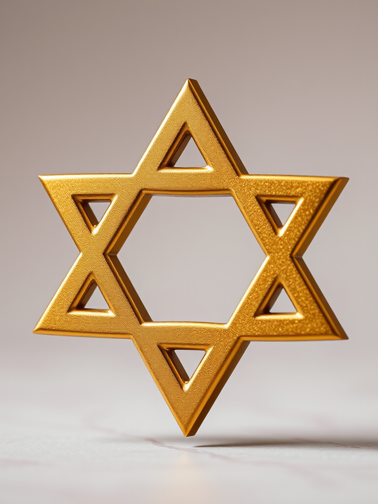 Create a detailed image of a three-dimensional golden Star of David with a smooth metallic texture, shot with a DSLR camera at f/8 aperture, ISO 100, 1/60s shutter speed, using a shallow depth of field to softly blur the background, displayed from a slightly elevated angle to emphasize its geometric shapes and depth.