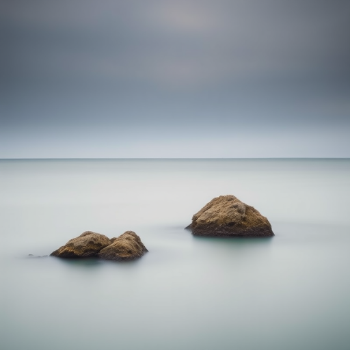 capture a serene seascape with two prominent rocks partially submerged in calm water, use a long exposure of 30 seconds, aperture set to f/11, ISO 100, composed in landscape orientation with a minimalistic style, shot on a full-frame DSLR camera