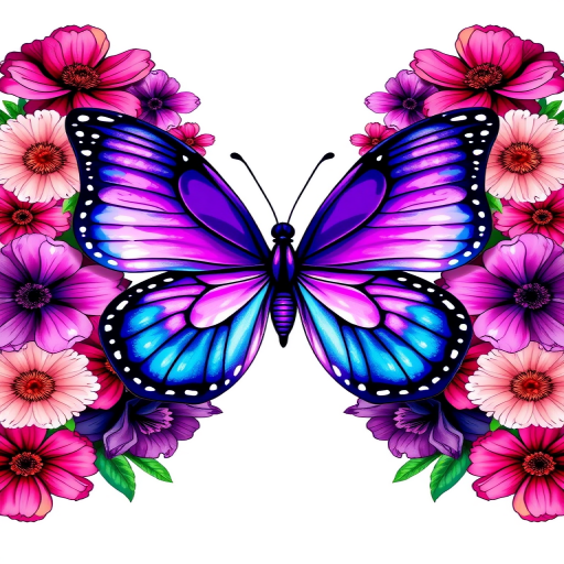 Create a vibrant illustration of a symmetrical butterfly surrounded by an array of colorful flowers. The butterfly should have shades of purple and blue, with intricate details on its wings. The flowers should include various types in pinks and purples, arranged to frame the butterfly beautifully against a clean white background.