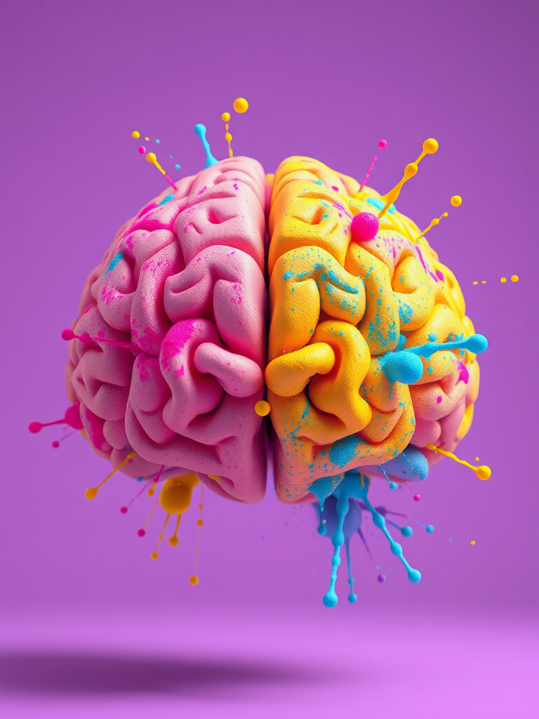 Create a vibrant 3D render of a brain with colorful splashes in pink, yellow, blue, and turquoise against a purple background, use a 50mm lens, aperture f/2.8, ISO 100, low-angle shot, and HDR photography for enhanced depth and clarity.