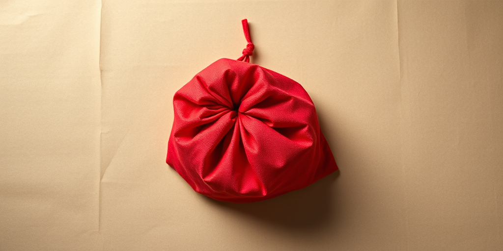 a red sack on a simple background photographed with a DSLR camera using a 50mm lens at f/1.8 aperture, ISO 200, 1/100s exposure, top-down view with soft diffused lighting to enhance texture and depth