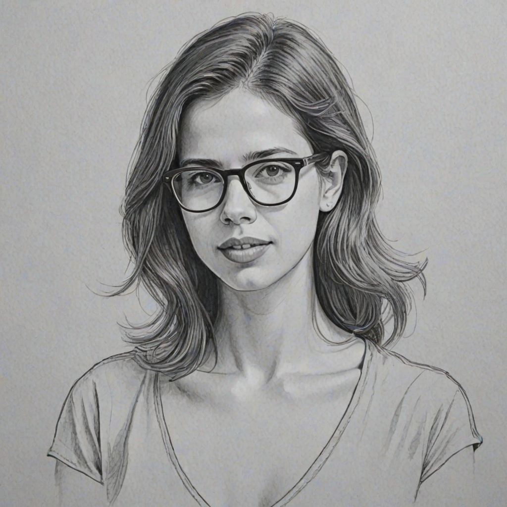 Sublime Kalki Koechlin, pencil sketch, portrait of Superb woman 1977s in glasses, hair style beatnik, outline, clear lines, fine lines, 8k