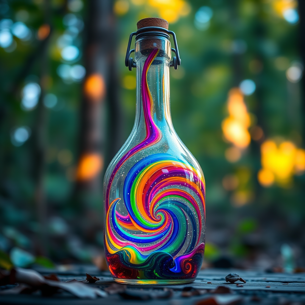 Create a vibrant glass potion bottle with swirling rainbow colors, magic energy inside, surrounded by a lush forest, soft warm lighting, f/2.8 aperture, 50mm lens, shot at golden hour with a shallow depth of field to enhance the details of the bottle and background bokeh.