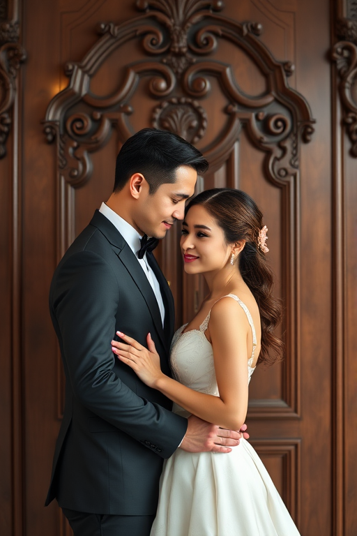 couple in formal attire posing romantically against an ornate wooden backdrop, soft natural lighting, portrait orientation, 50mm lens, f/1.8 aperture, ISO 100, shallow depth of field, DSLR camera
