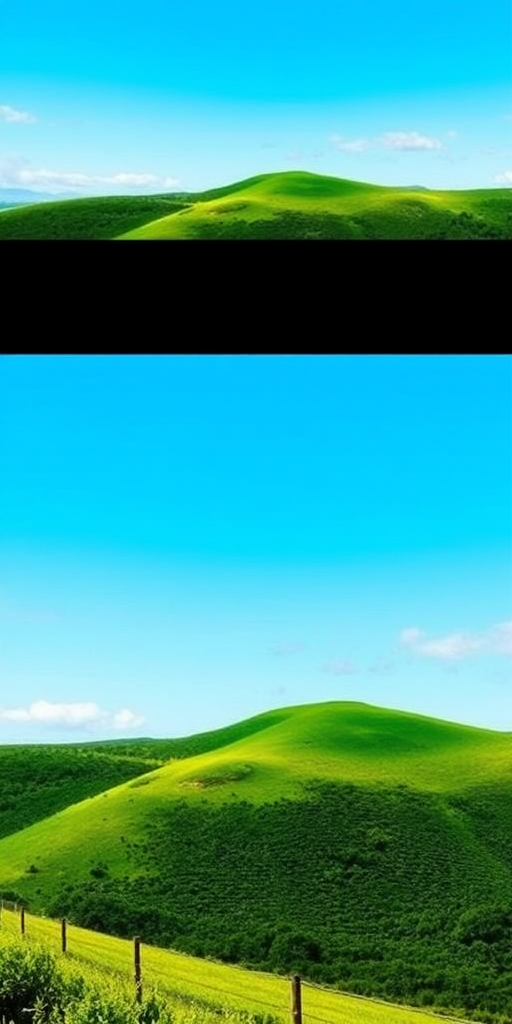Generate an image of a stylized landscape with lush green hills and a clear blue sky, captured with a Nikon D850 camera, settings: ISO 100, f/8, shutter speed 1/125s, taken from a wide-angle view with a slight tilt to emphasize depth, in vibrant colors for enhanced image quality.