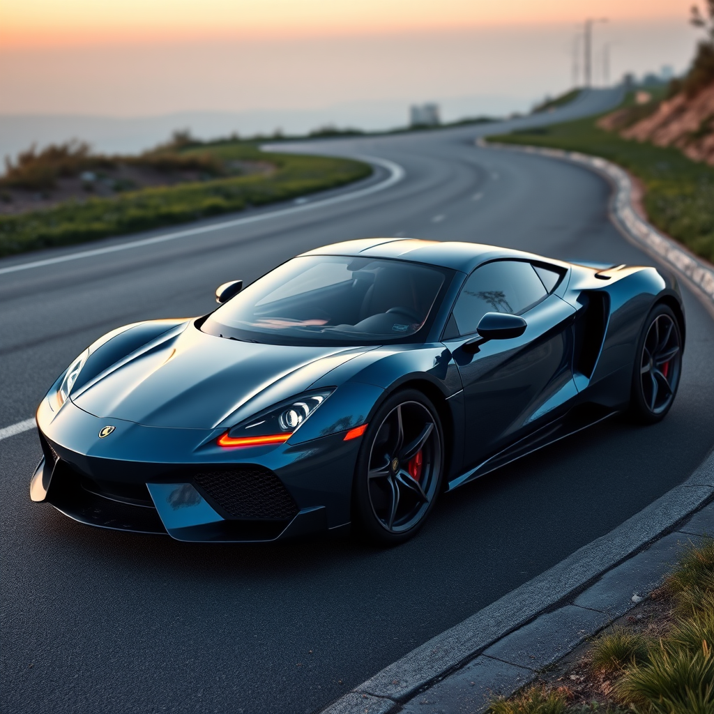 Generate an image of a luxury sports car parked on the side of a road during what appears to be dawn or dusk, given the soft light and shadows. The car should have a sleek design with aerodynamic features, a low-profile stance, and large, alloy wheels. It should display a contemporary color scheme, possibly a unique shade of blue that matches well with the ambient light in the setting. The vehicle's bodywork should gleam, reflecting the surrounding environment, and it should have distinctive lighting accents that enhance its sporty appearance. In the background, there should be a roadside with a grassy embankment on one side and possibly some trees or shrubbery along the edge of the pavement. The overall mood of the image should convey a sense of luxury, speed, and the tranquility of an early morning or late evening drive.