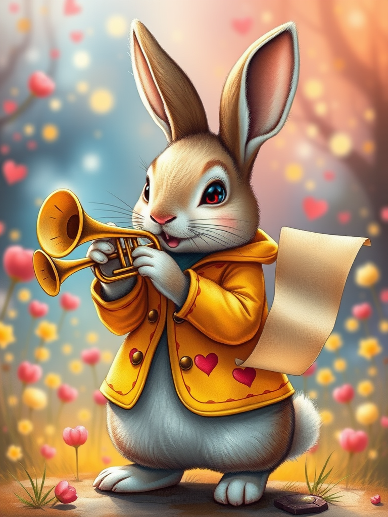 Create a detailed illustration of a whimsical rabbit wearing a yellow coat with red hearts, playing a trumpet, holding a scroll in one hand, set against a vibrant, magical background, captured with a DSLR camera at f/2.8 aperture, ISO 100, 50mm lens, in bright daylight, with a shallow depth of field and high saturation to enhance color quality.