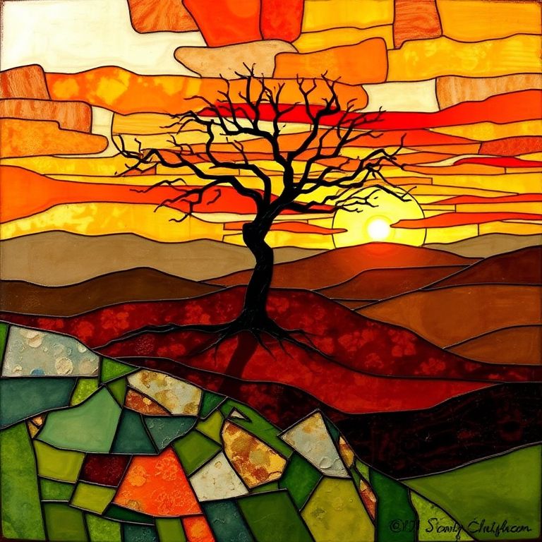 A vibrant abstract painting on Tiffany Glass, blending acrylic and alcohol ink techniques, captures a dramatic sunset over rolling hills. The artwork features a textured, rocky foreground in green and brown, layered abstract hills, and a striking sunset in rich oranges, yellows, and reds. A solitary black tree with intricate branches contrasts against the fiery sky, creating a dynamic and expressive portrayal of a breathtaking natural scene.