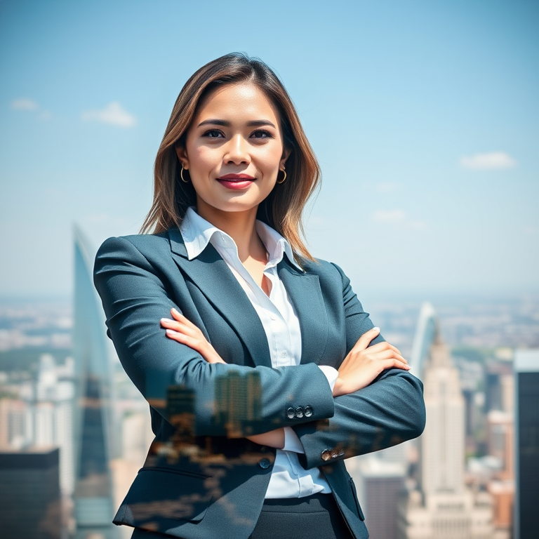 Create a double exposure image of a professional businesswoman with her arms crossed over a skyline, using a Canon EOS 5D Mark IV, 50mm lens at f/1.8, ISO 100, natural daylight, portrait orientation for enhanced clarity and depth.