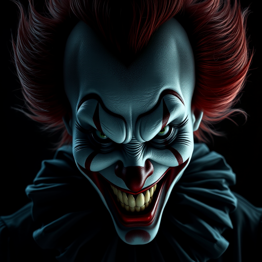 Create a hyper-realistic, dark, and eerie clown with a sinister smile, set against a black background. The clown should have exaggerated makeup with sharp, contrasting colors to enhance its menacing appearance. The overall atmosphere should be unsettling and intense, capturing a sense of horror and suspense