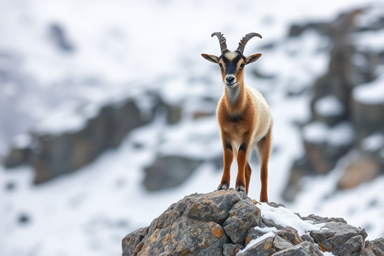 A young goat standing on a rocky outcrop in a snowy landscape, captured with a Canon EOS 5D Mark IV, 85mm lens, f/4 aperture, ISO 200, shutter speed 1/500s, in natural light, focus on the subject with a soft blurred background.