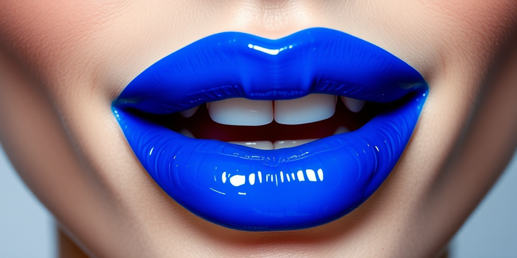 Bold electric blue lips with a high-shine lacquer finish, making a daring statement and showcasing unconventional beauty