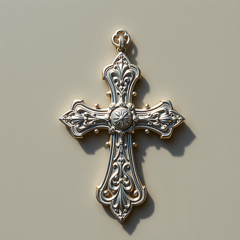 Create a high-resolution image of a silver ornate cross on a transparent background, using a Canon EOS R5 camera with an aperture of f/2.8, ISO 100, 50mm lens, top-down view, and soft natural lighting to enhance details and contrast.