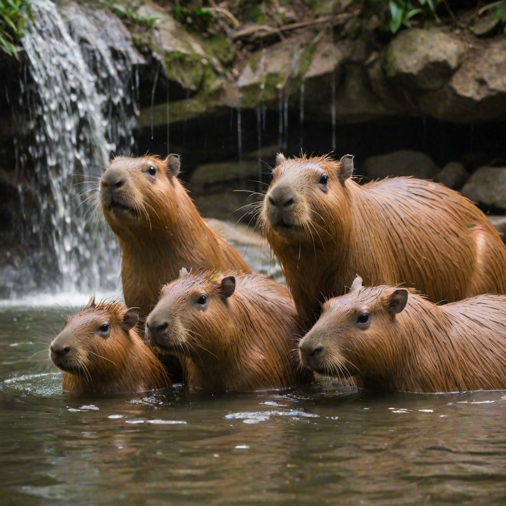 photo of a family of capybaras, chilling in water under a waterfall, water drips on the head