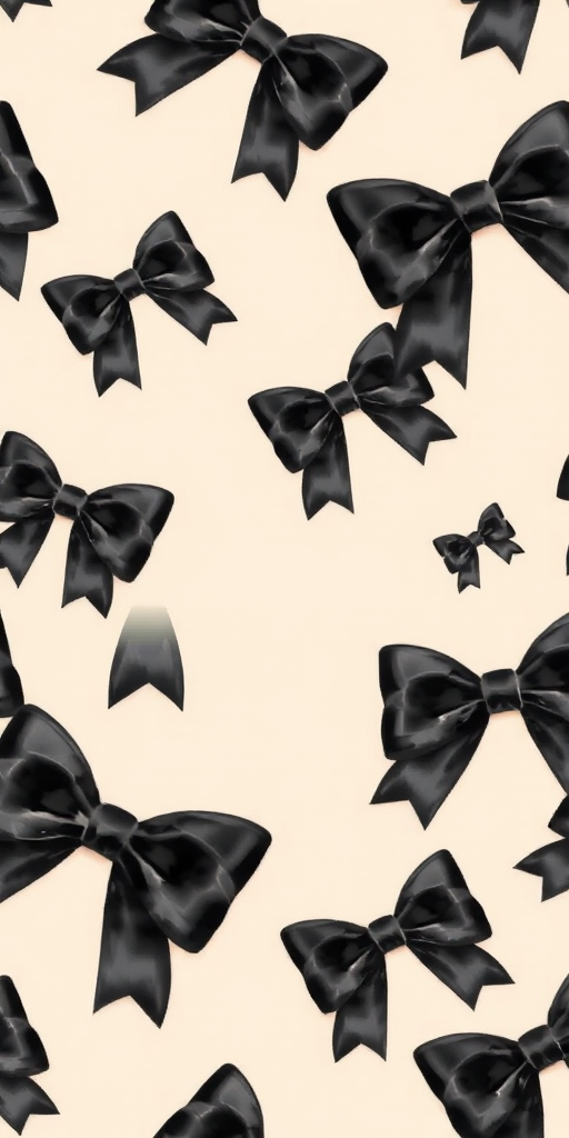 Create a seamless pattern featuring elegant black bows on a soft beige background. The bows should vary in size and orientation, showcasing intricate details and a glossy texture, with a sophisticated and stylish aesthetic.