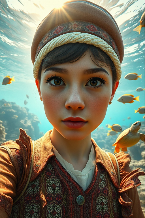 Realistic selfie image of a Kyrgyz, wearing a vintage outfit, detailed dreamy eyes, droopy hooded eyes, staring at the camera, taken underwater at coral reef with a sunbeam filtering through the water, vibrant, summer vacation, natural lighting, turtle and school of tropical fish with vibrant colors, rendered in the style of CryEngine, Pegi Nicol MacLeod, with realistic genre scenes, hauntingly beautiful narratives, ultra-realism, and Thomas Saliot's close-up technique, 8K resolution, crystal clear and sparkling water.