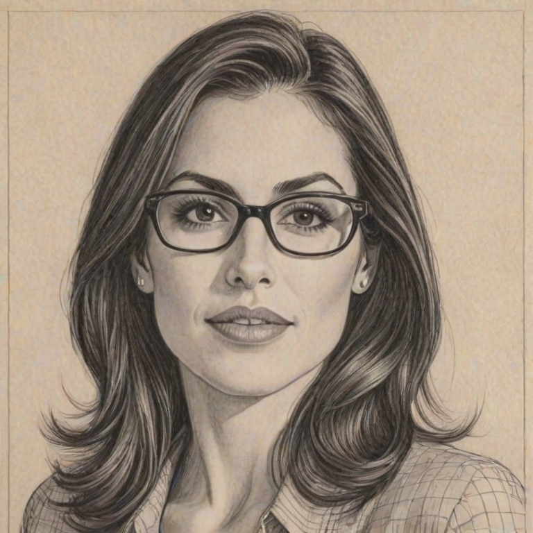 Dazzling Carly Pope, pencil sketch, portrait of Exquisite woman 1943s in glasses, hair style beatnik, outline, clear lines, fine lines, 8k