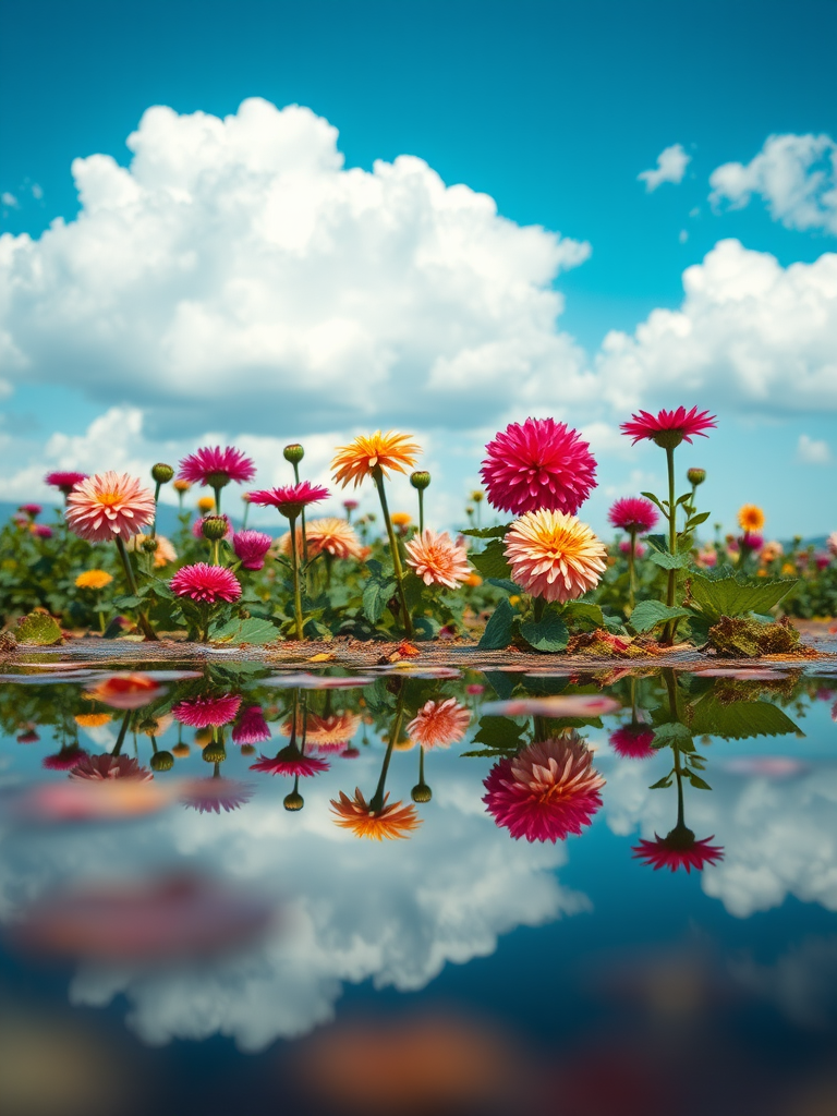 Create a vibrant floral scene featuring dahlias and other flowers reflected in a serene water surface under a bright blue sky with fluffy clouds, captured with a Canon EOS 5D Mark IV, 50mm lens, f/2.8 aperture, ISO 100, and a shallow depth of field.