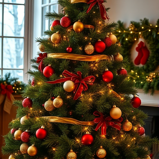 Generate an image of a beautifully decorated Christmas tree indoors. The tree should be lush and green, adorned with red, gold, and silver ornaments. Include warm white lights twinkling on the branches. The background should feature a cozy, festive environment with some holiday decorations visible, like garlands and a hint of a window showing a winter scene.